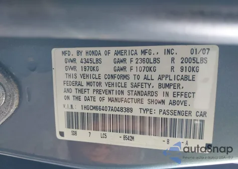 2007 Honda Accord 3.0 Se from USA, damaged, VIN 1HGCM66407A048389